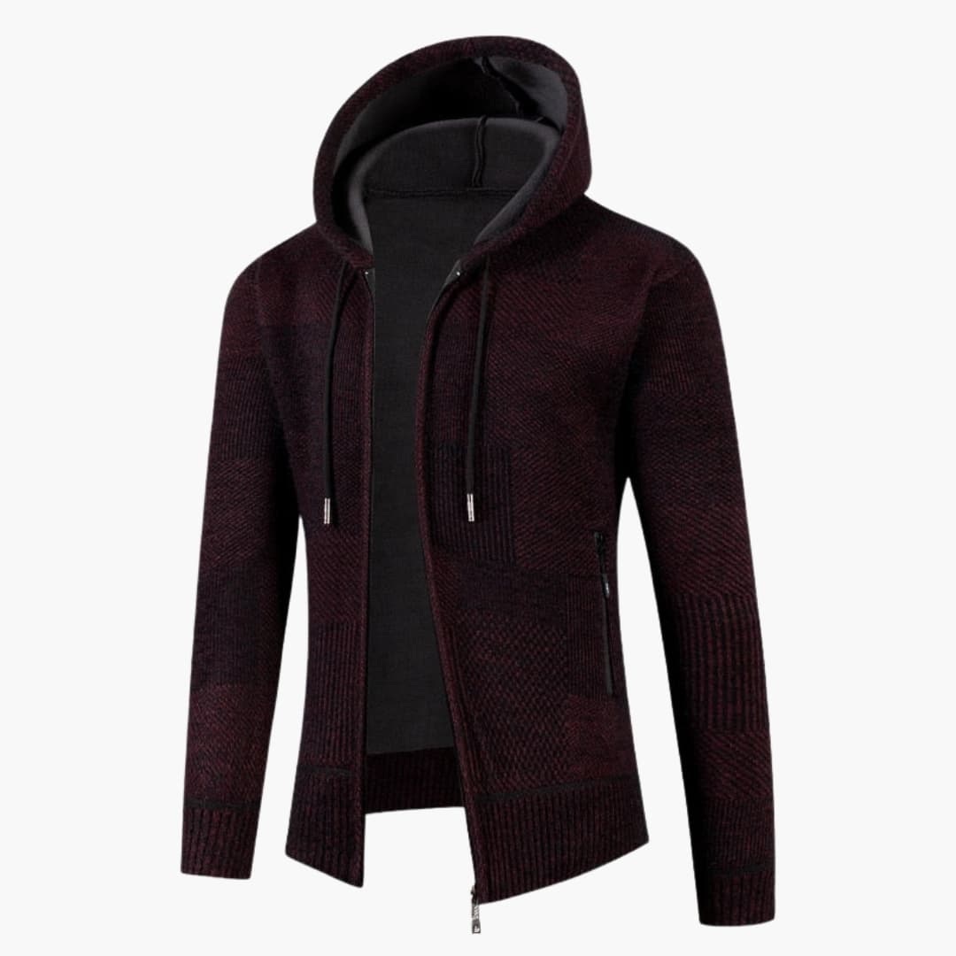 Men's zip-up cardigan hoodie structured knit casual layering piece with drawstring hood and side pockets