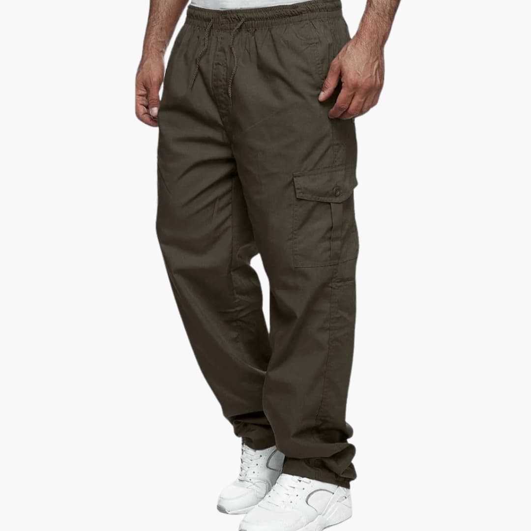Men's olive cargo pants elastic waistband flap pockets relaxed fit durable outdoor active wear
