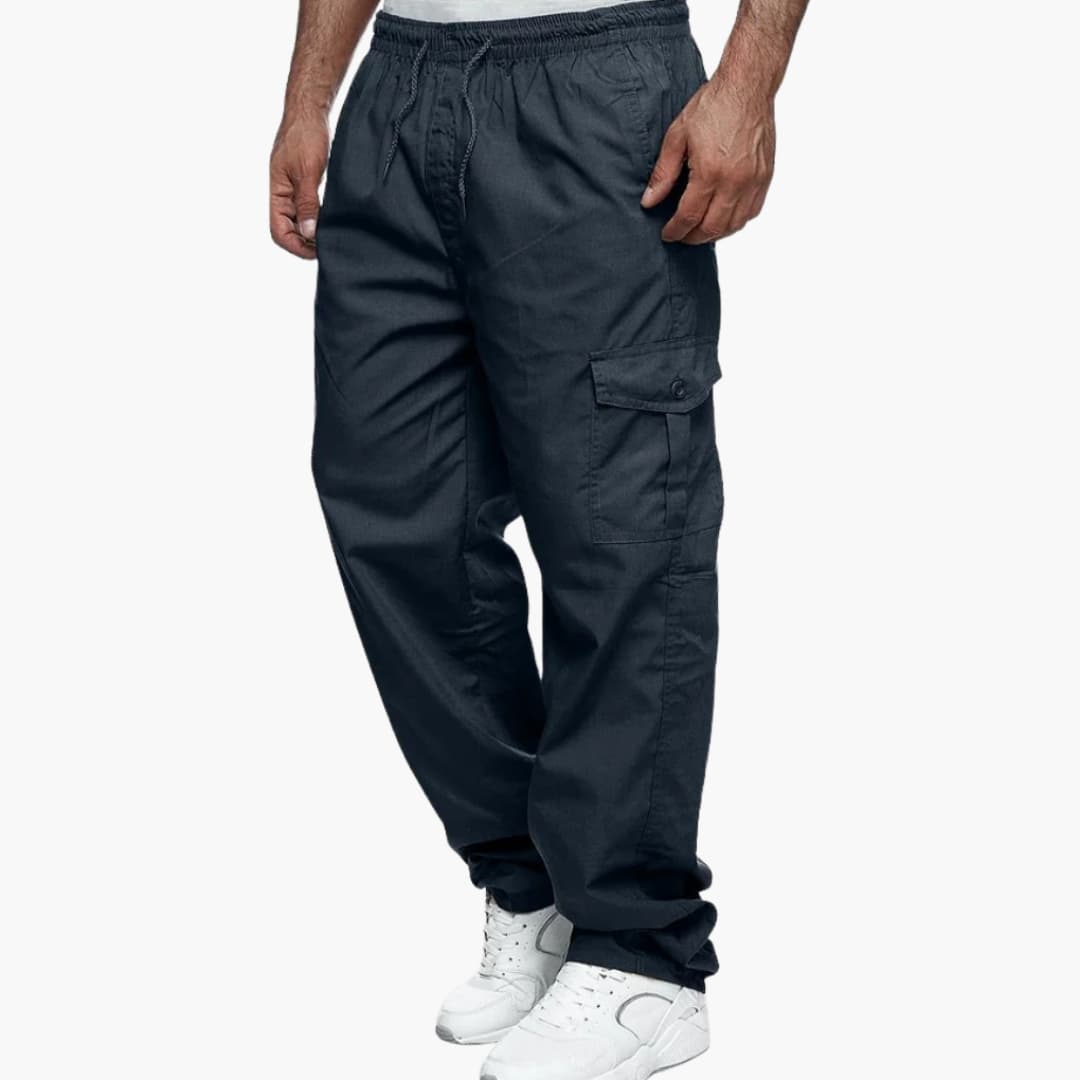 Men's olive cargo pants elastic waistband flap pockets relaxed fit durable outdoor wear