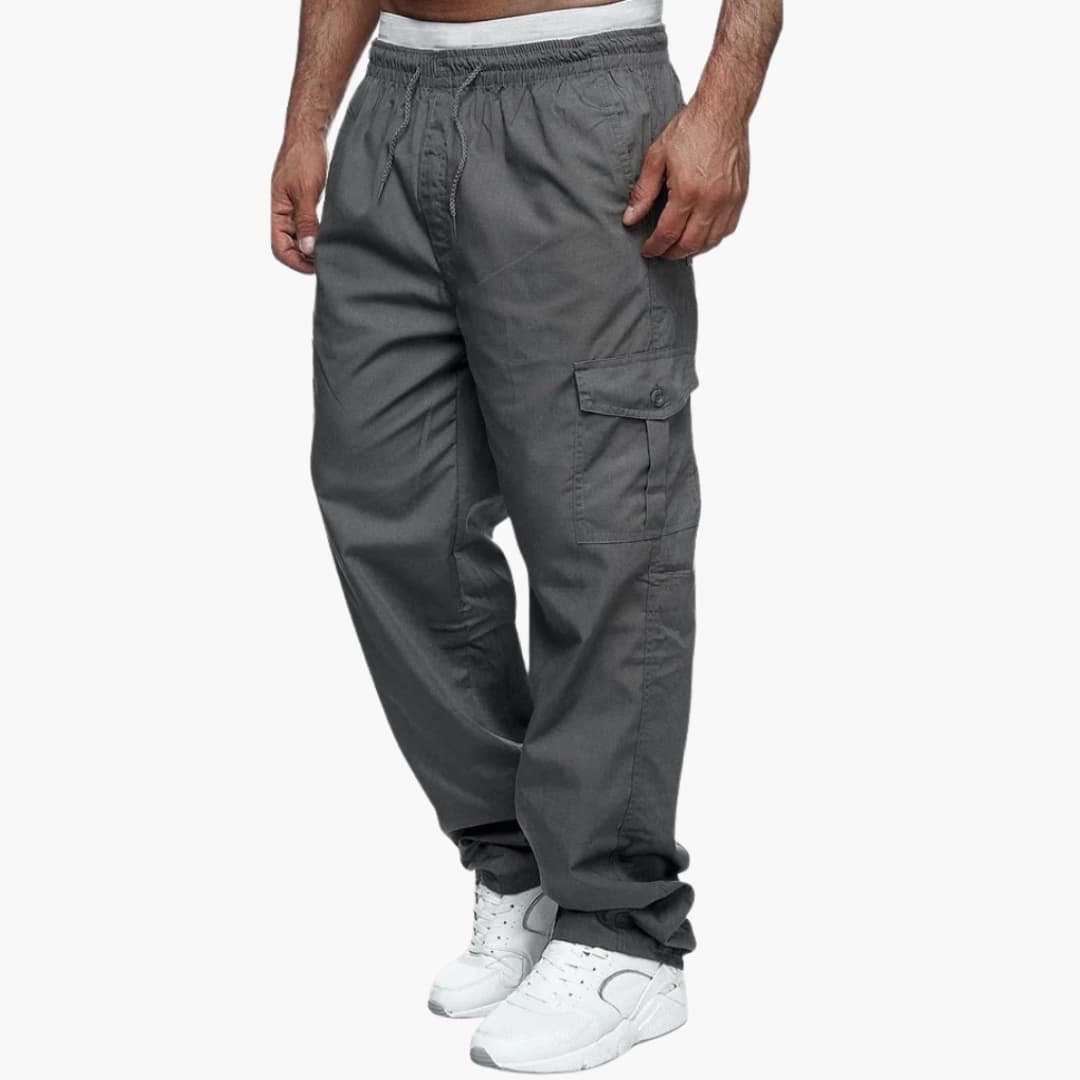 Men's olive cargo pants elastic waistband flap pockets relaxed fit durable outdoor wear
