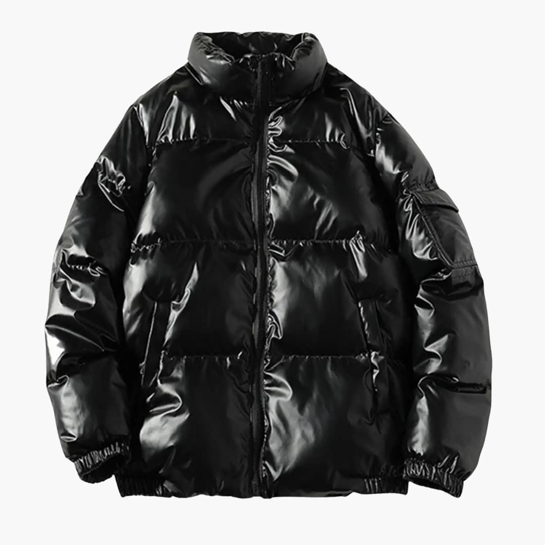 Men's shiny down jacket with stand-up collar and full zip, sleek winter puffer for everyday warmth