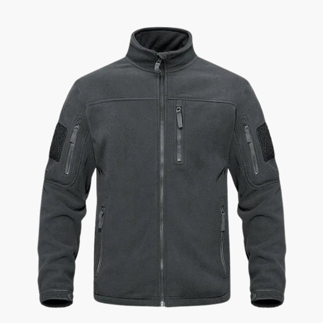 Men's gray fleece jacket full-zip stand-up collar with zippered pockets outdoor style