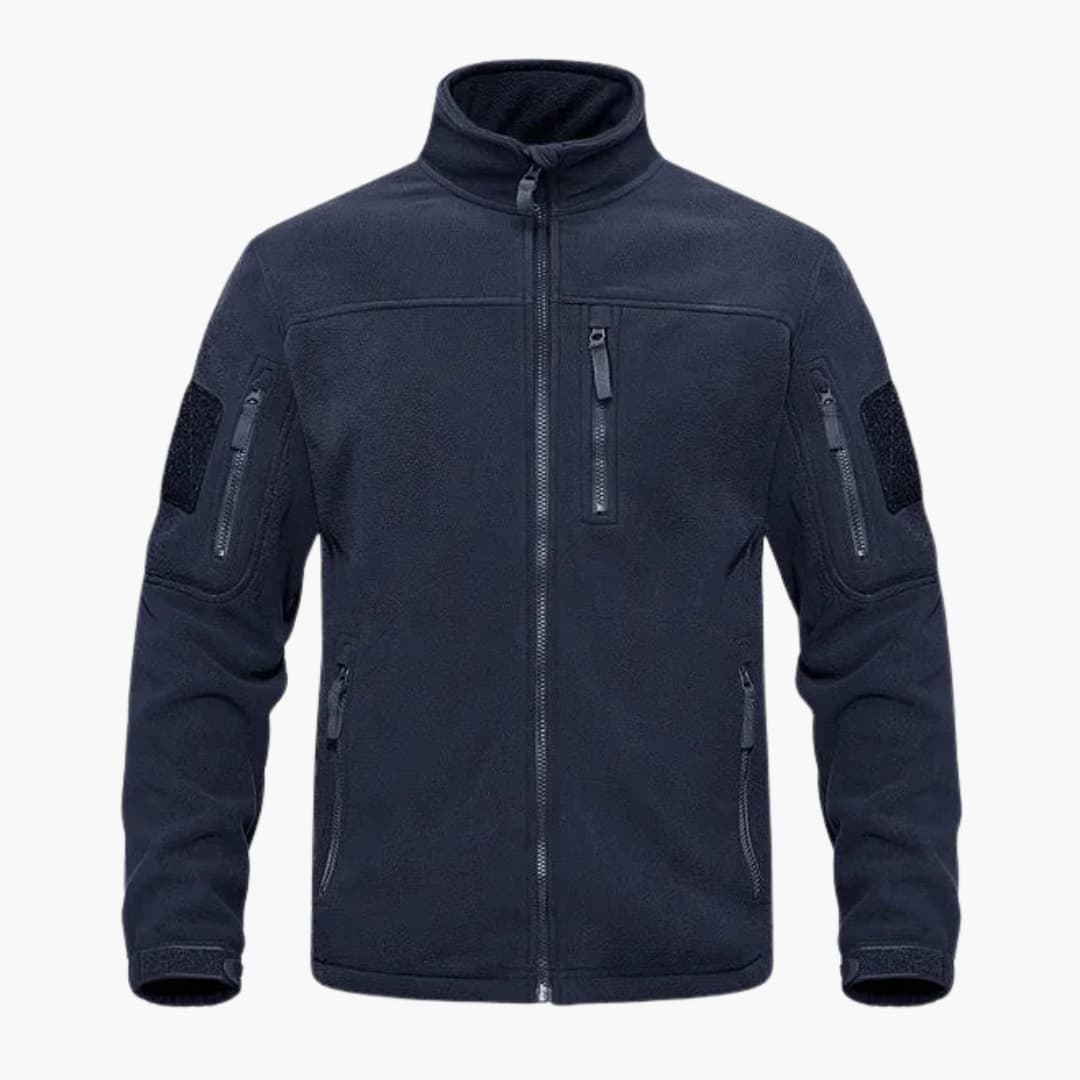 Men's gray fleece jacket full-zip stand-up collar with zippered pockets outdoor style