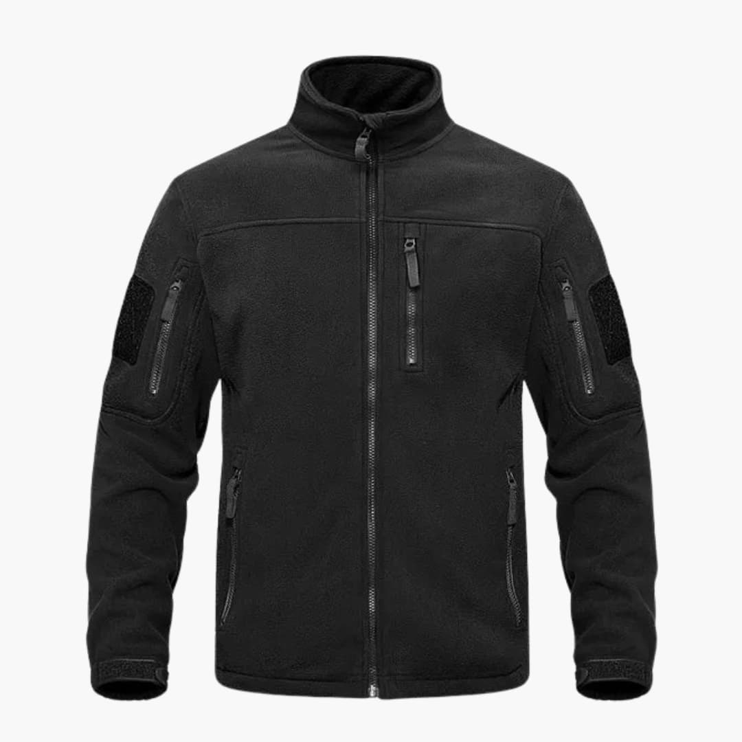 Men's gray fleece full-zip jacket with high stand-up collar and zippered pockets