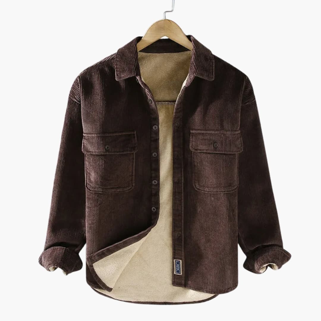 Men's brown corduroy shirt jacket with button closure and warm Sherpa lining for layering