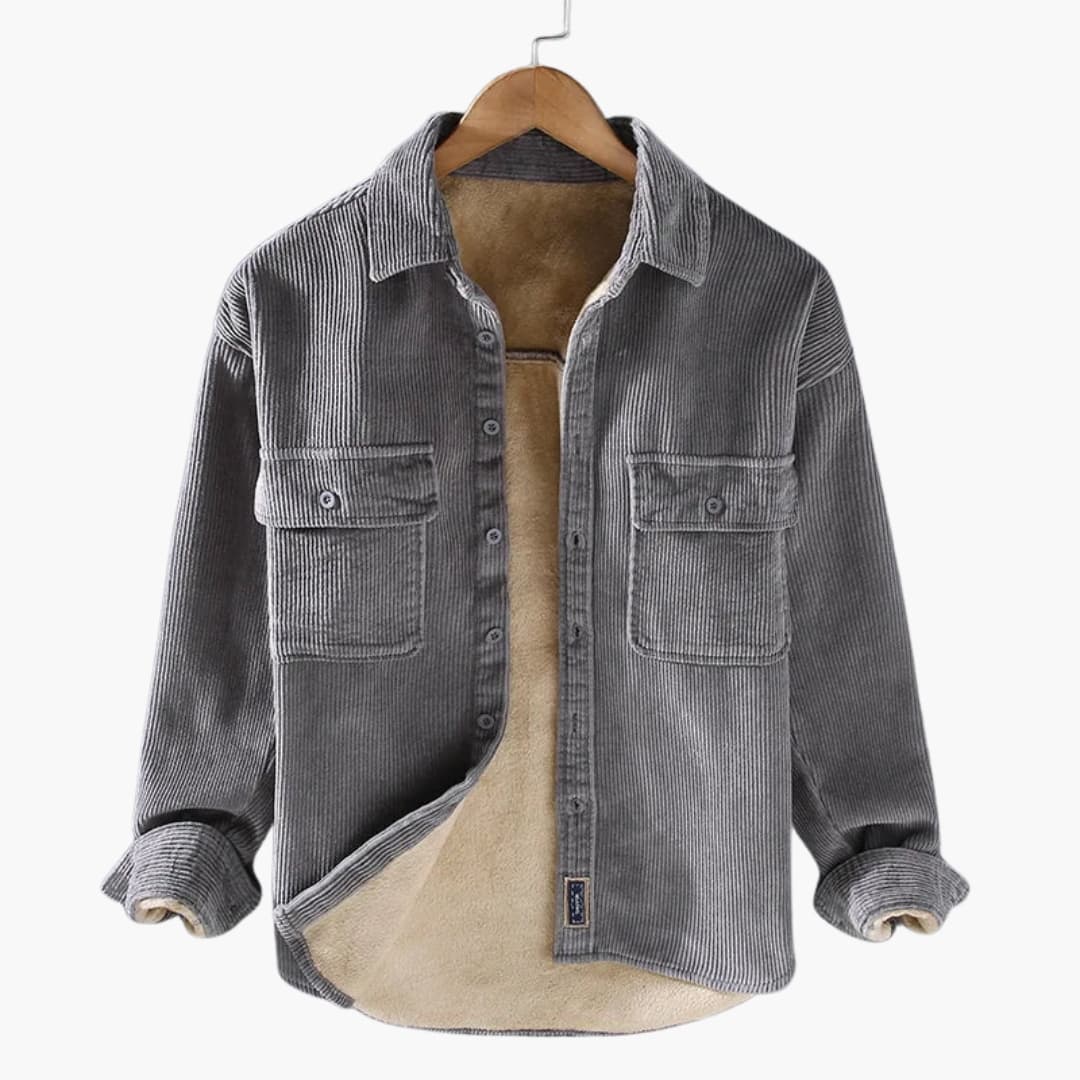 Men's brown corduroy shirt jacket with button closure and plush Sherpa lining for warmth