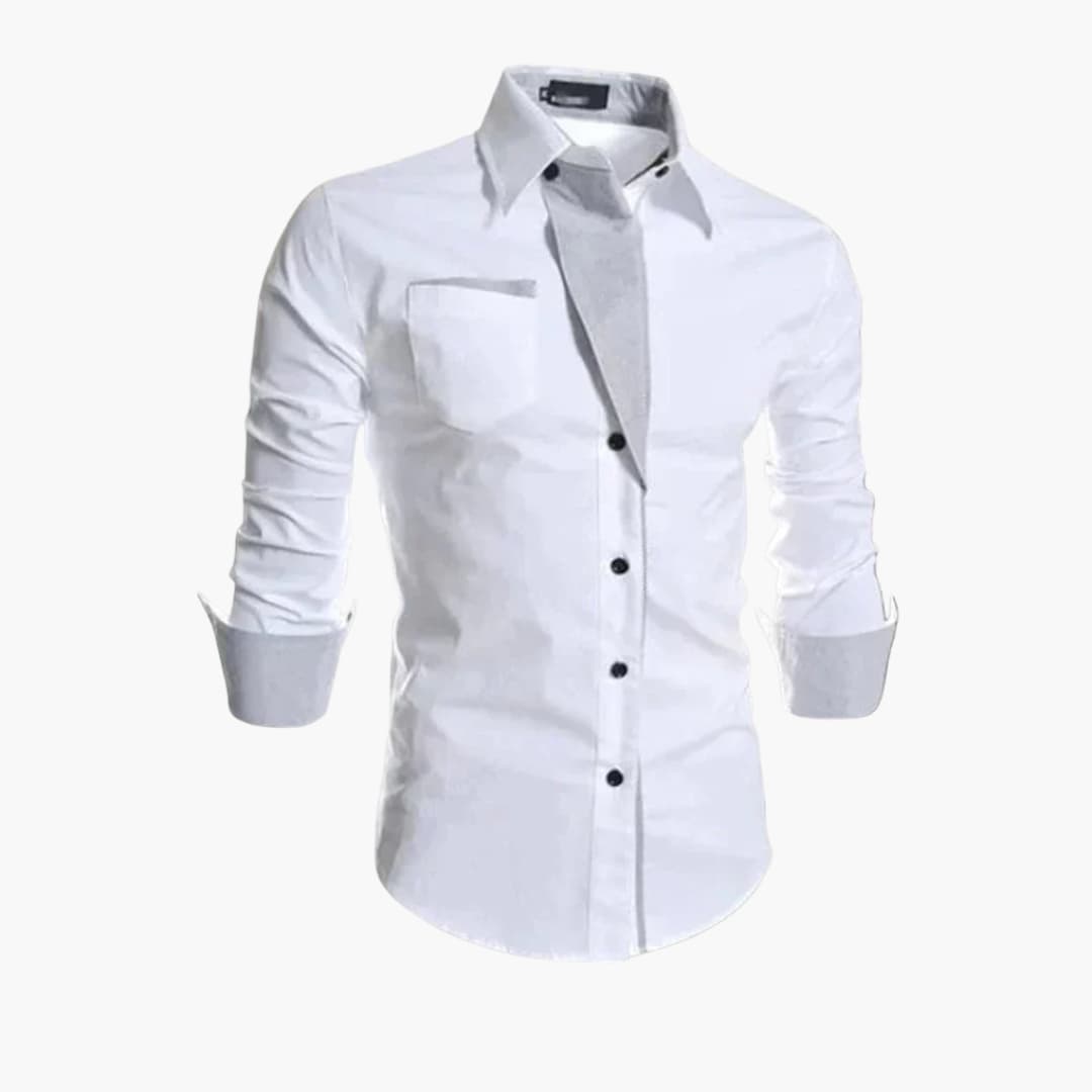 Men's white pointed collar dress shirt with chest pocket, slim-fit button-down for office and casual wear