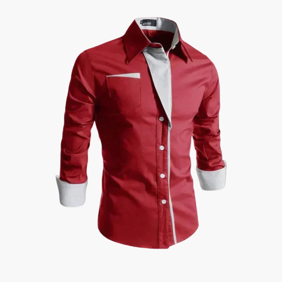 Men's white pointed collar dress shirt with chest pocket, slim fit button-down for office wear