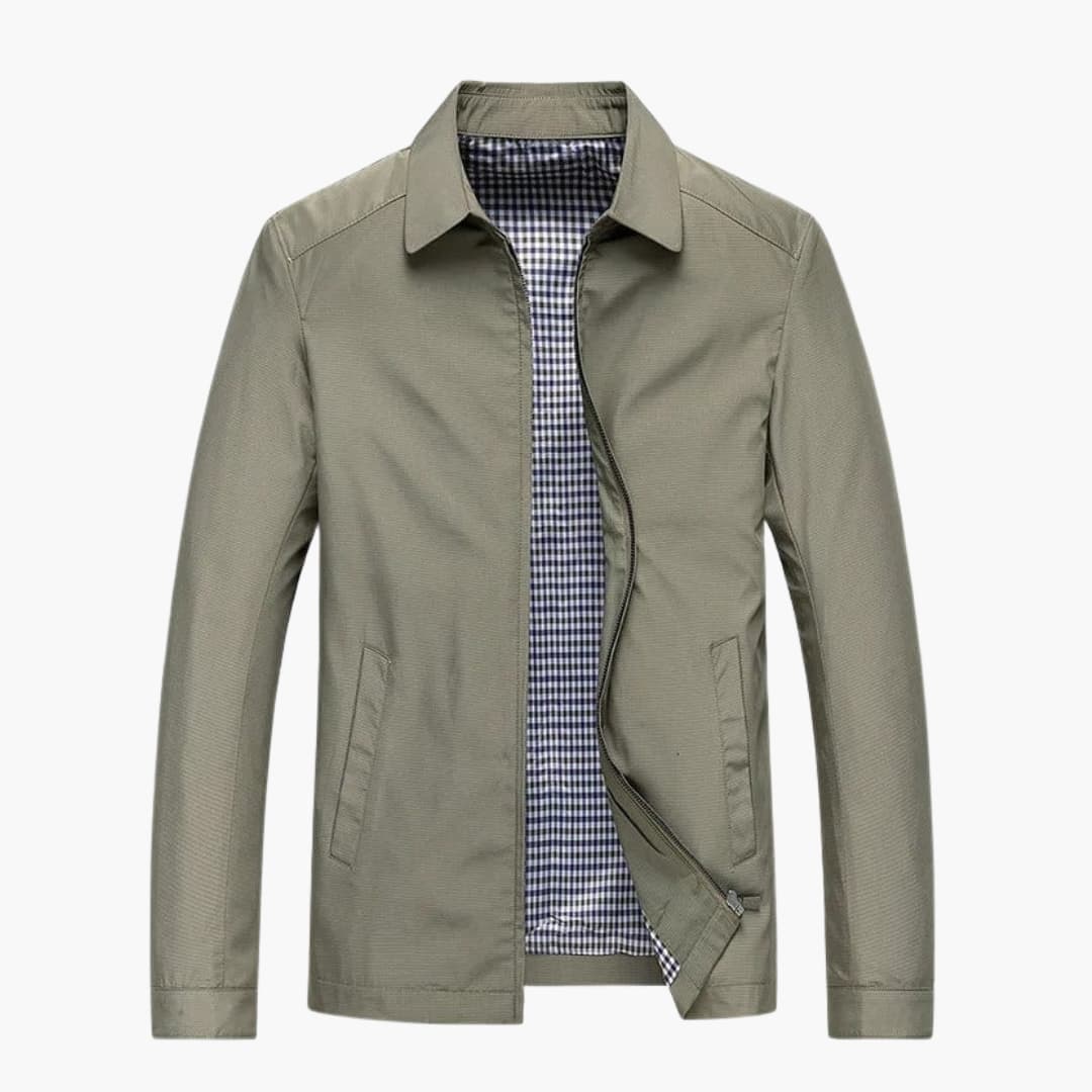 Men's classic fit jacket with shirt collar, zip front closure, and checked lining for smart casual wear