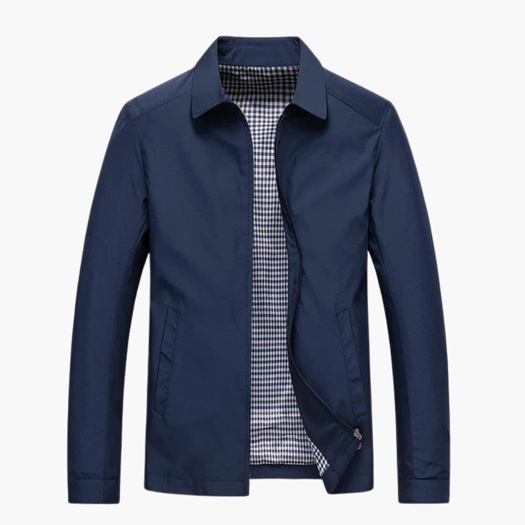 Men's classic fit jacket with shirt collar, zip front closure, and checked lining for smart casual wear