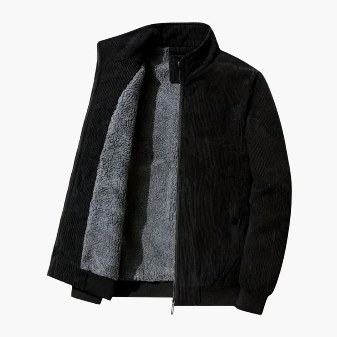 Men's premium corduroy jacket with front zipper, stand-up collar, fully lined interior, side pockets