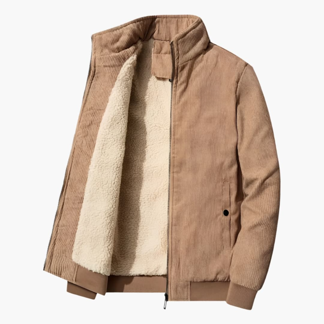 Men's premium corduroy jacket with front zipper, stand-up collar, fully lined interior, side pockets