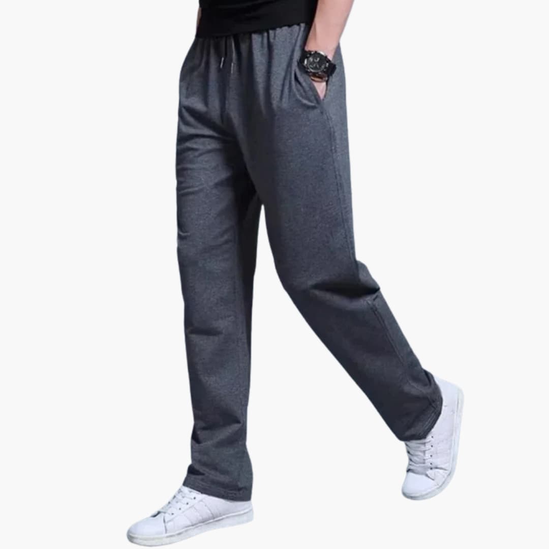 Men's gray jogger pants elastic waistband drawstring closure slim fit side pockets