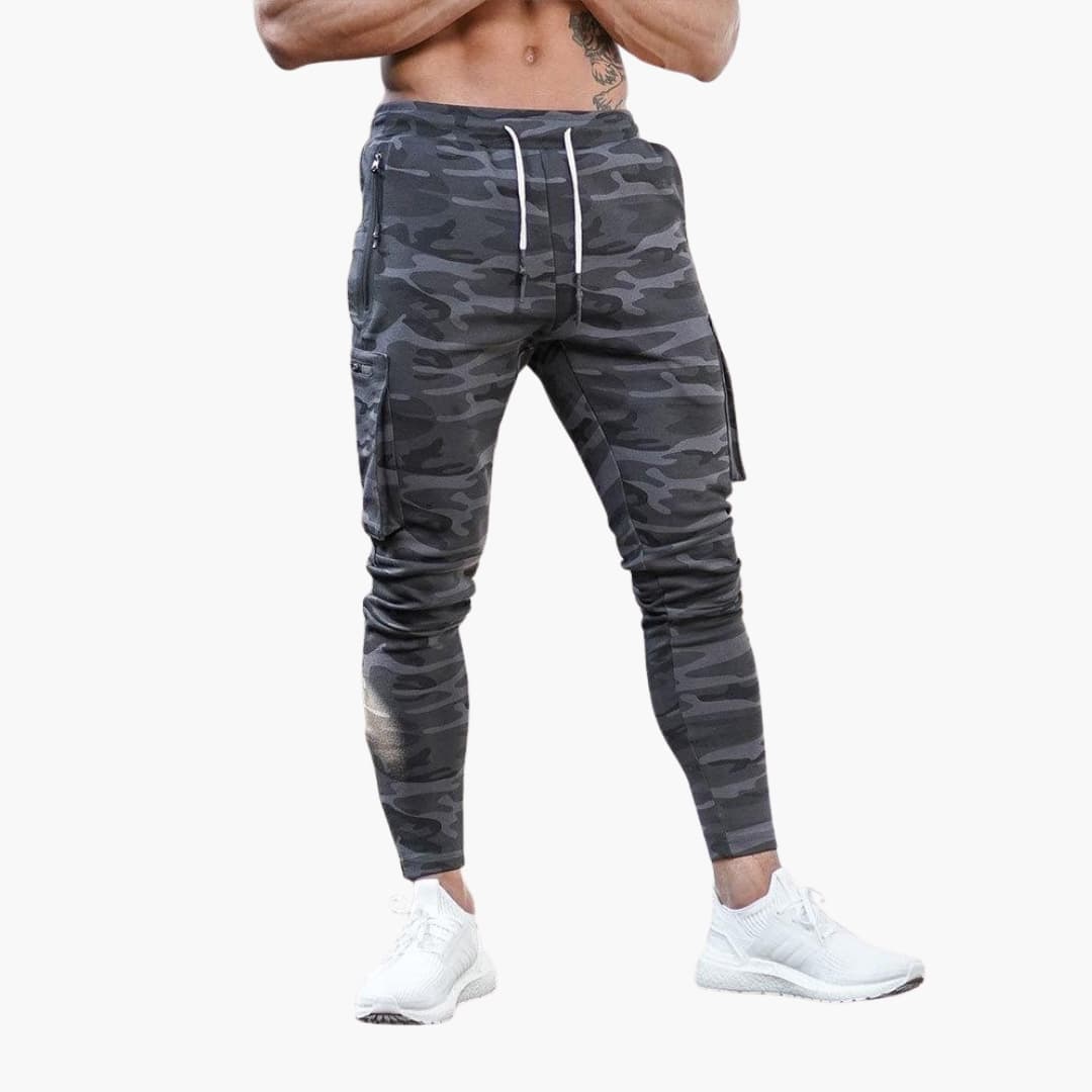 Men's tapered jogger pants with cargo pockets and ankle zippers, elastic waistband, athletic fit