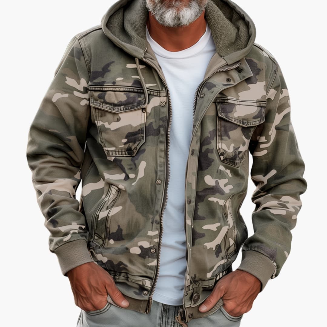 Men's camouflage hooded jacket with zipper front snap placket, stand-up collar, and functional pockets