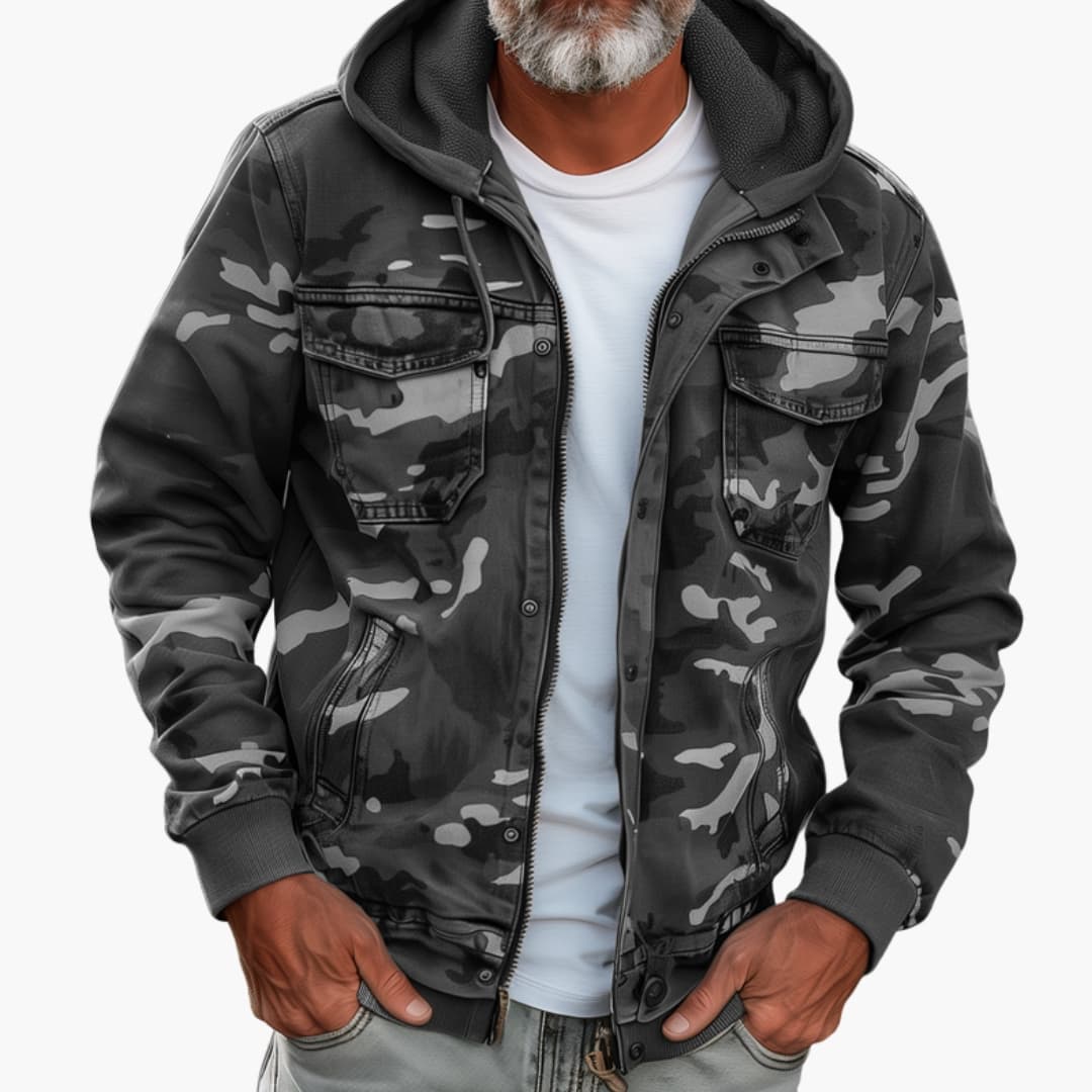 Men's camouflage hooded jacket with zipper snap placket, stand-up collar, and functional pockets