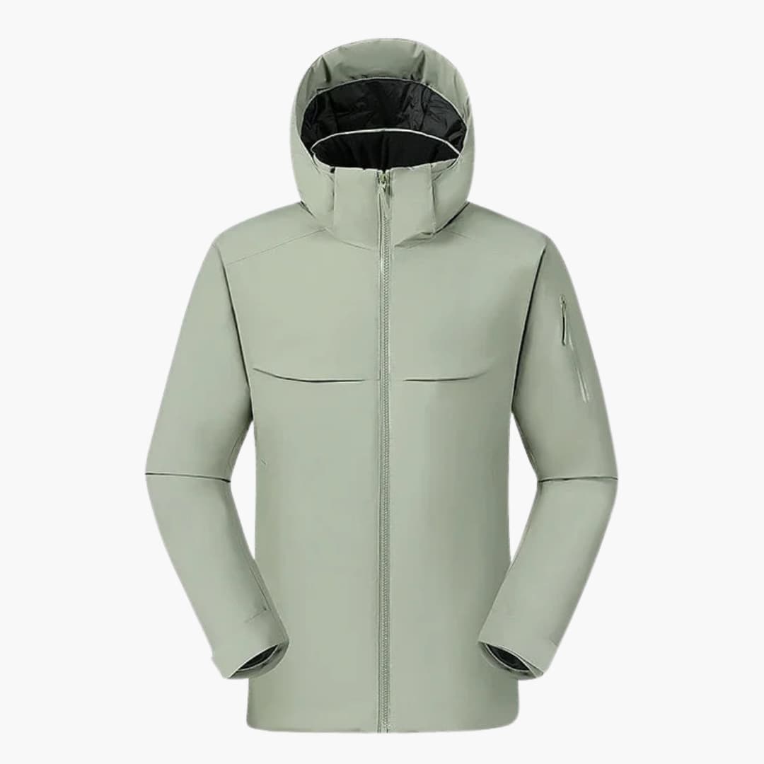 Men's dark softshell zip-up hooded jacket with adjustable cuffs and side pockets for active outdoor wear