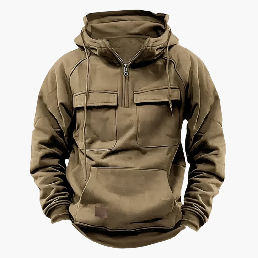 Men's gray half-zip hoodie with drawstring hood, chest pockets, and kangaroo pocket