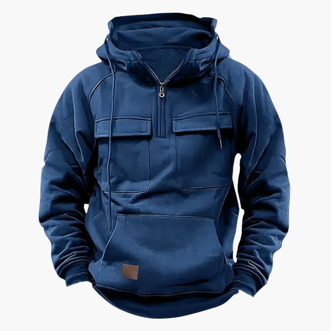 Men's gray half-zip hoodie with drawstring hood, chest pockets, and kangaroo pocket for casual wear