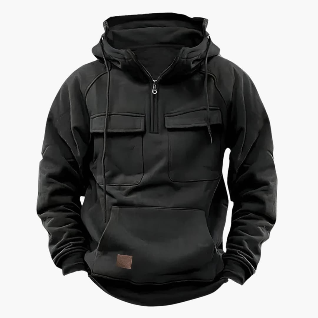 Men's gray half-zip hoodie with drawstring hood, chest pockets, and kangaroo pocket