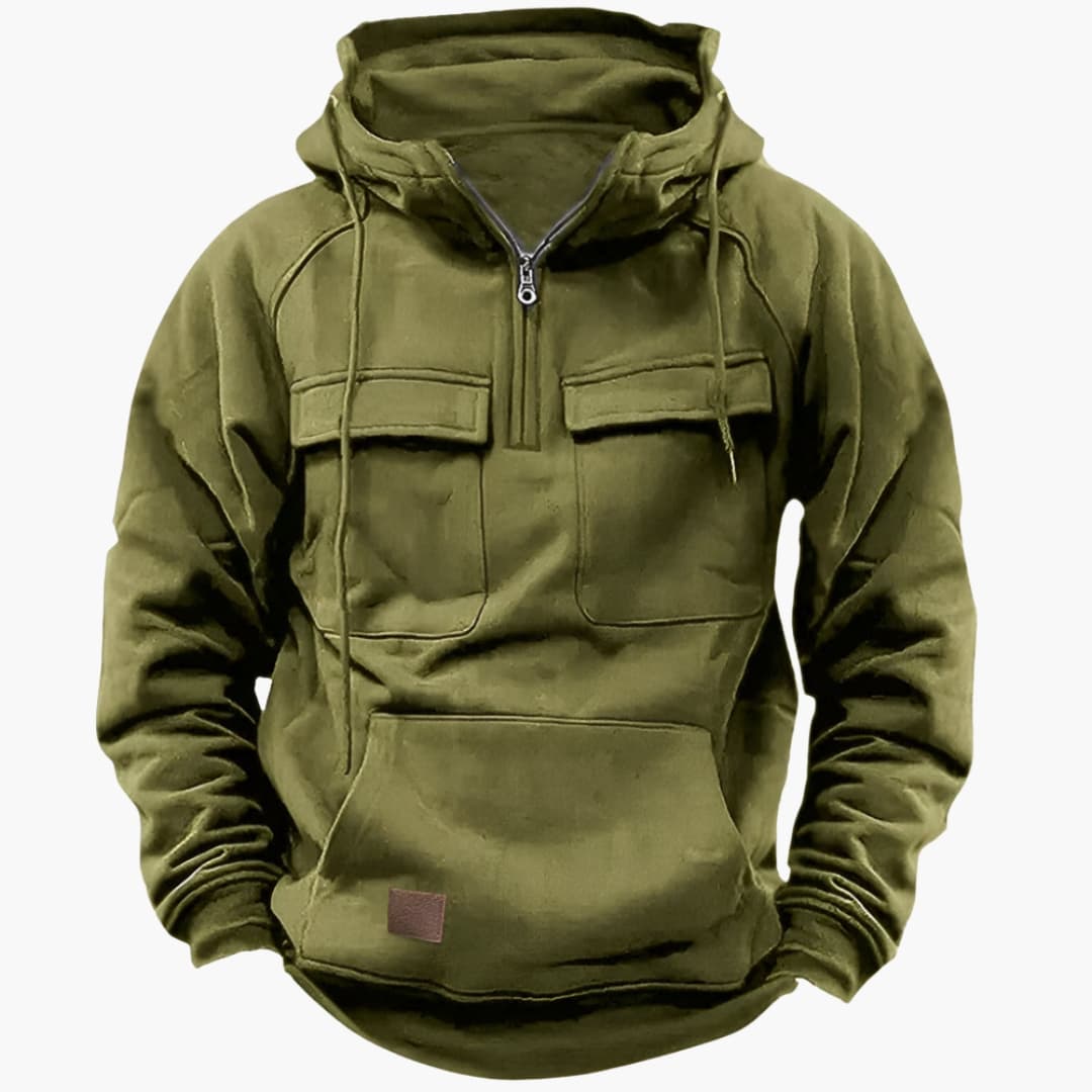 Men's gray half-zip hoodie with drawstring hood, chest pockets, and kangaroo pocket for casual wear