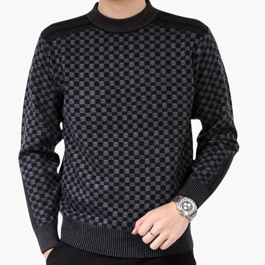 Men's checkered round neck sweater in textured knit with ribbed hem, classic long sleeve everyday style