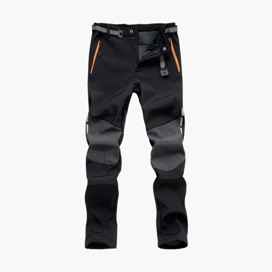 Men's olive green straight-cut outdoor hiking pants with reinforced knees and integrated belt waistband