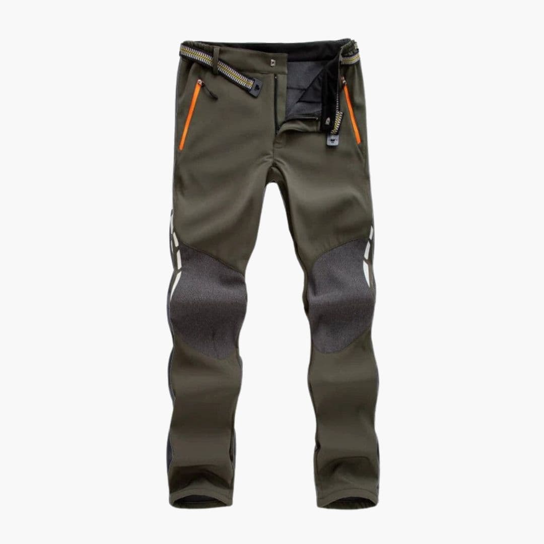 Men's khaki straight-cut outdoor hiking pants with reinforced knees and integrated belt waistband