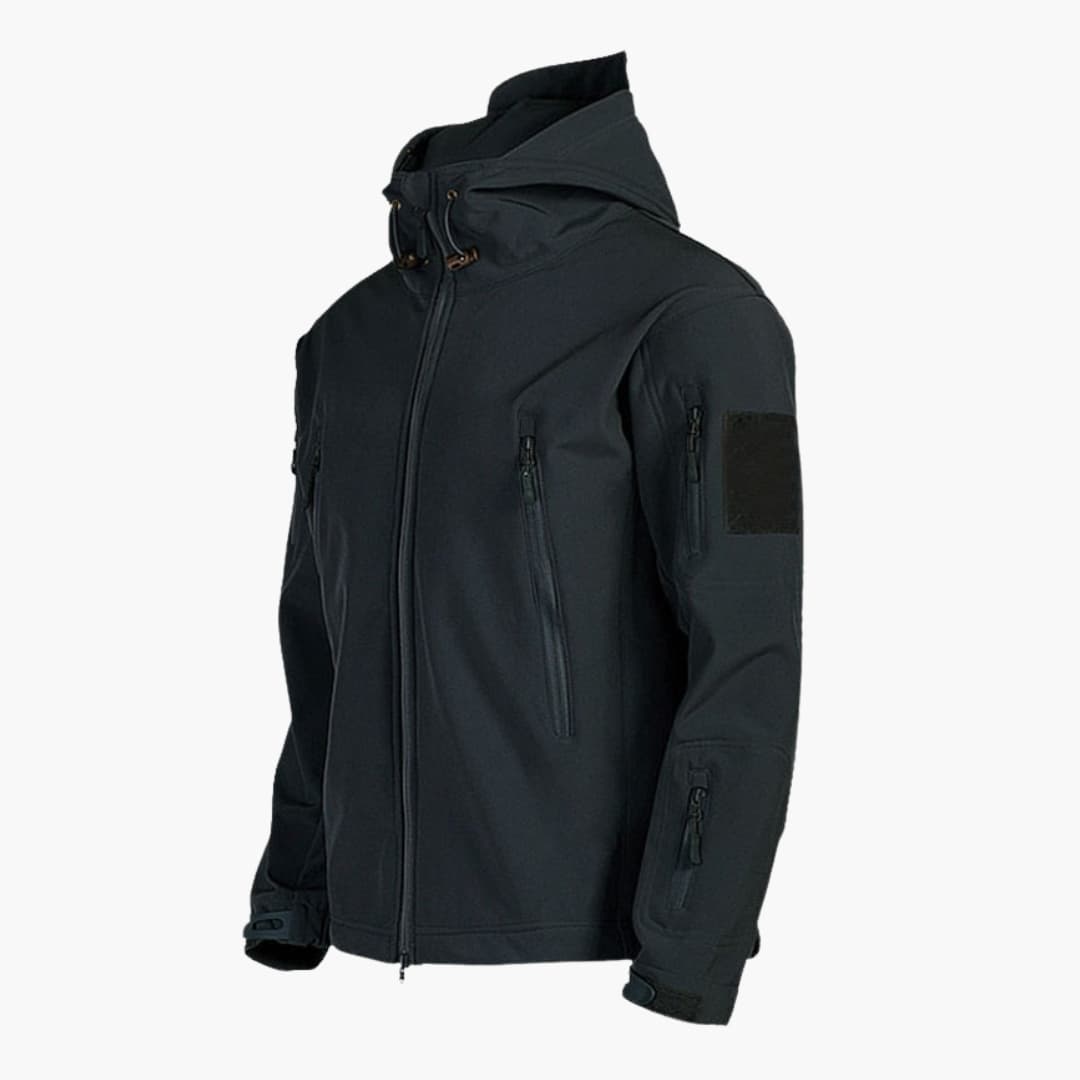 Men's hooded outdoor jacket with full front zipper, adjustable drawstring hood and zippered pockets