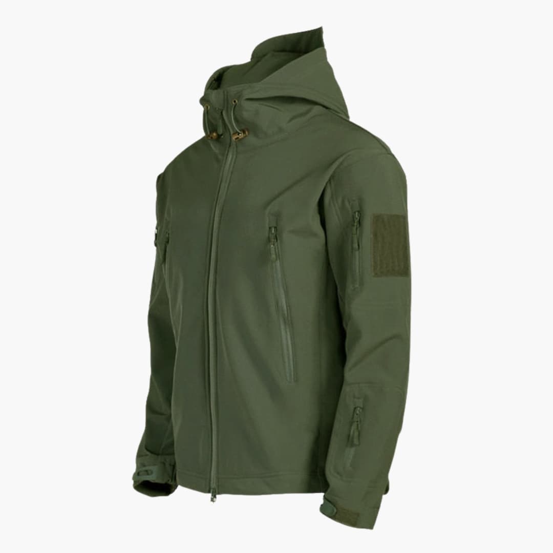 Men's hooded outdoor jacket with full front zipper, adjustable drawstring hood and zippered pockets