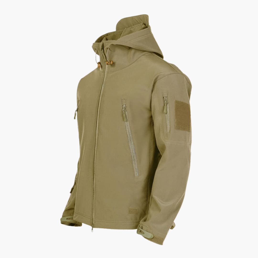 Men's hooded outdoor jacket with full front zipper, adjustable drawstring hood, and zippered pockets