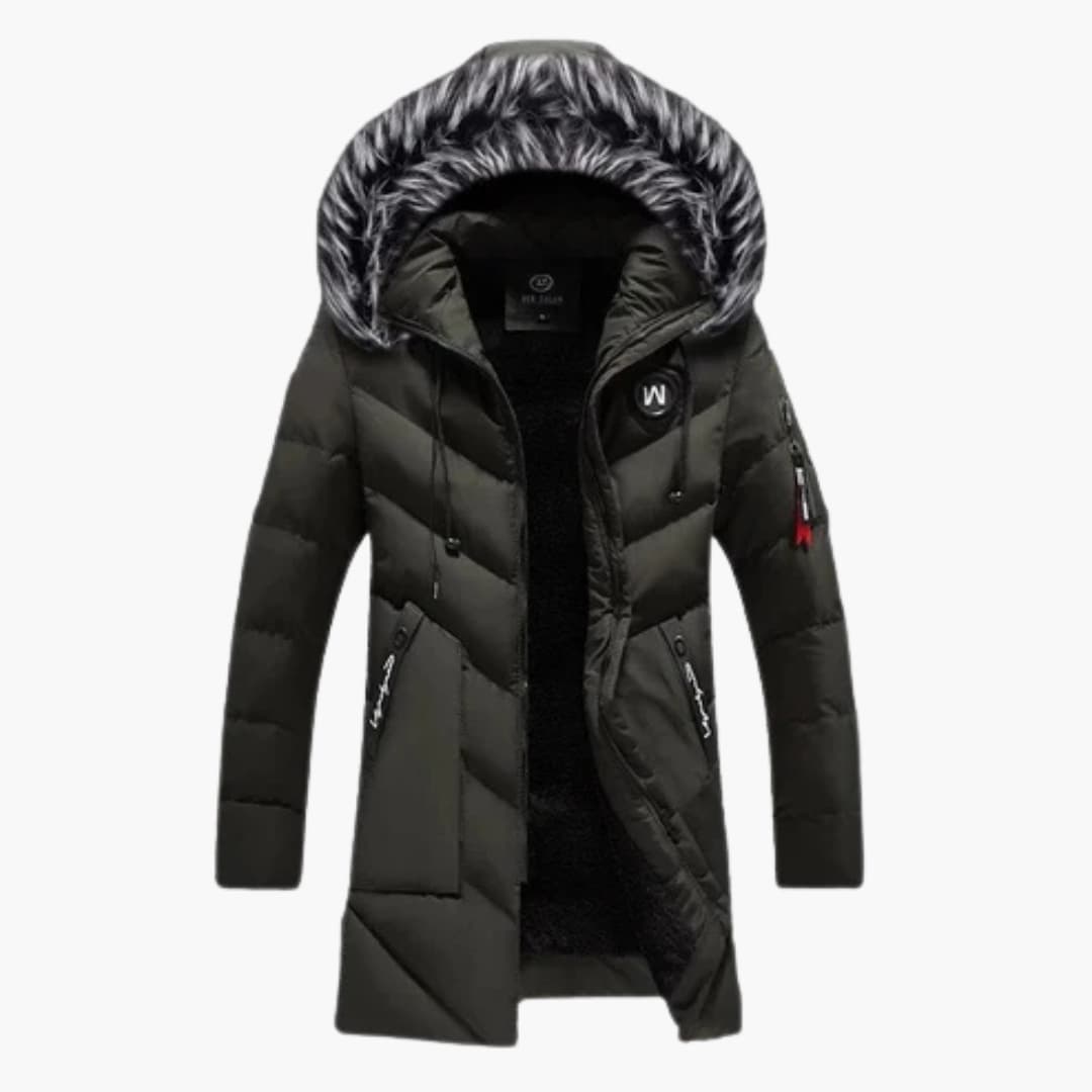 Men's quilted parka with faux fur trim hood, full-length zipper button placket, warm winter coat