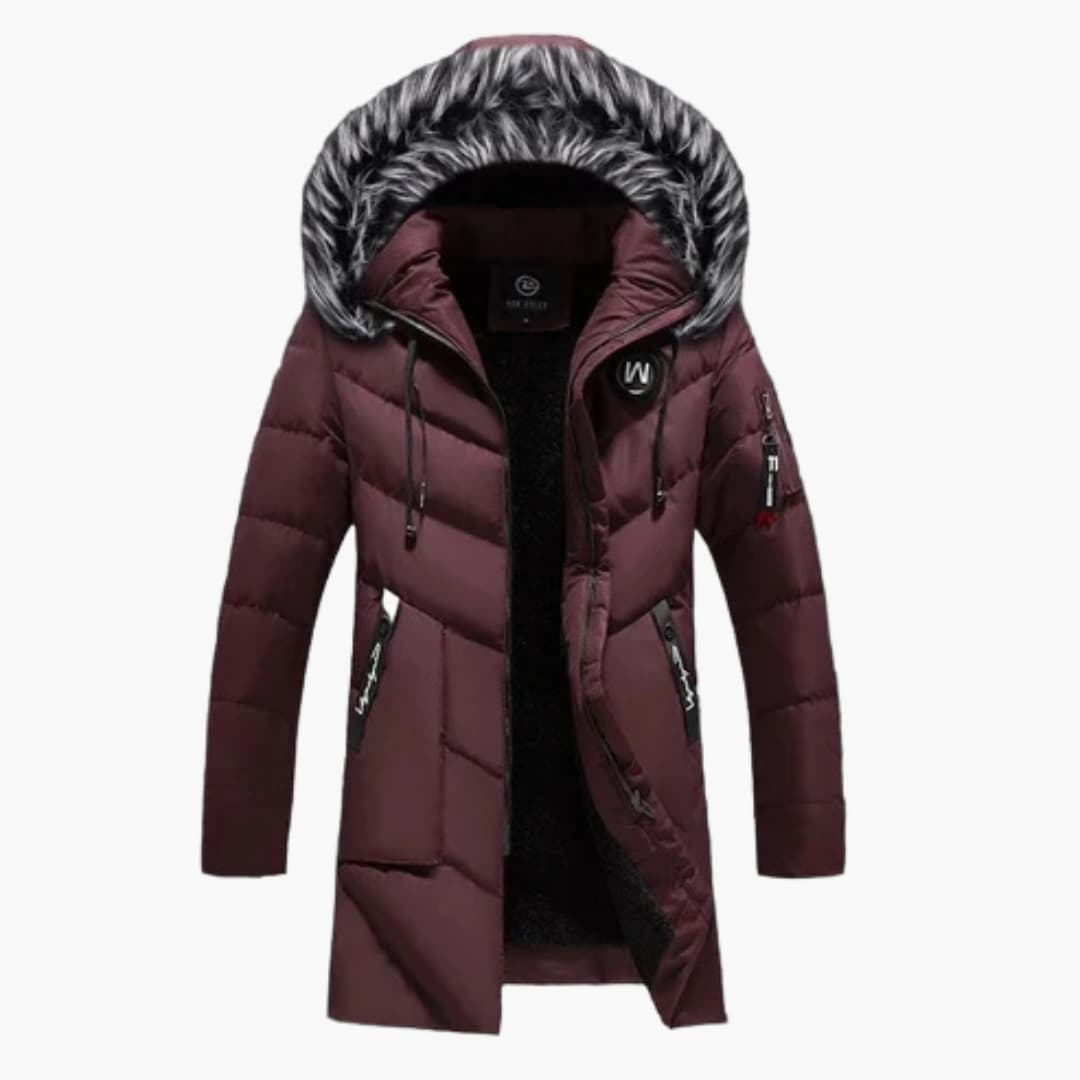 Men's quilted parka with faux fur trim hood, full-length zipper, warm winter coat casual rugged style