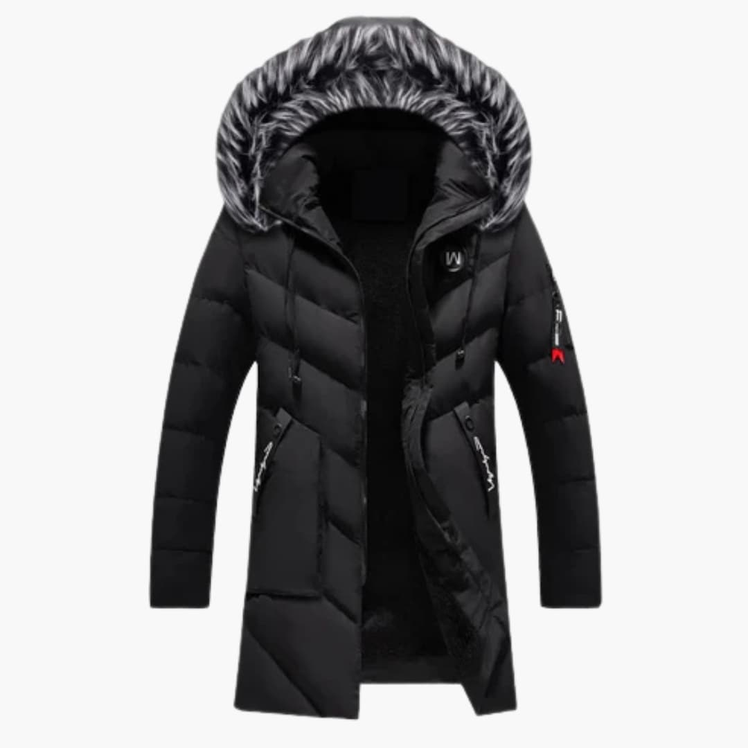 Men's quilted parka with faux fur trim hood, full-length zipper, warm winter coat casual rugged style