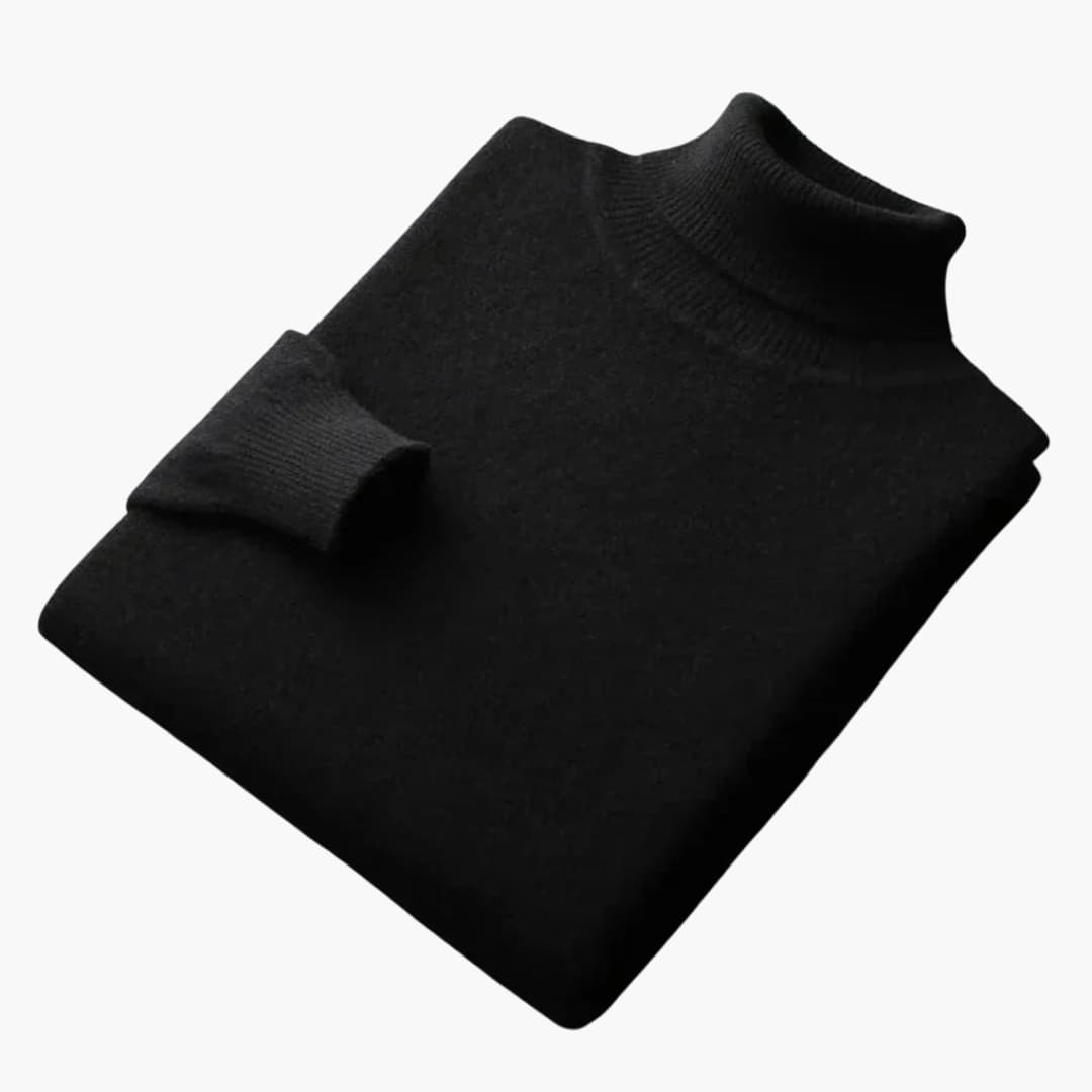 Men's fine knit turtleneck sweater with ribbed cuffs and hem, slim minimal silhouette for layering