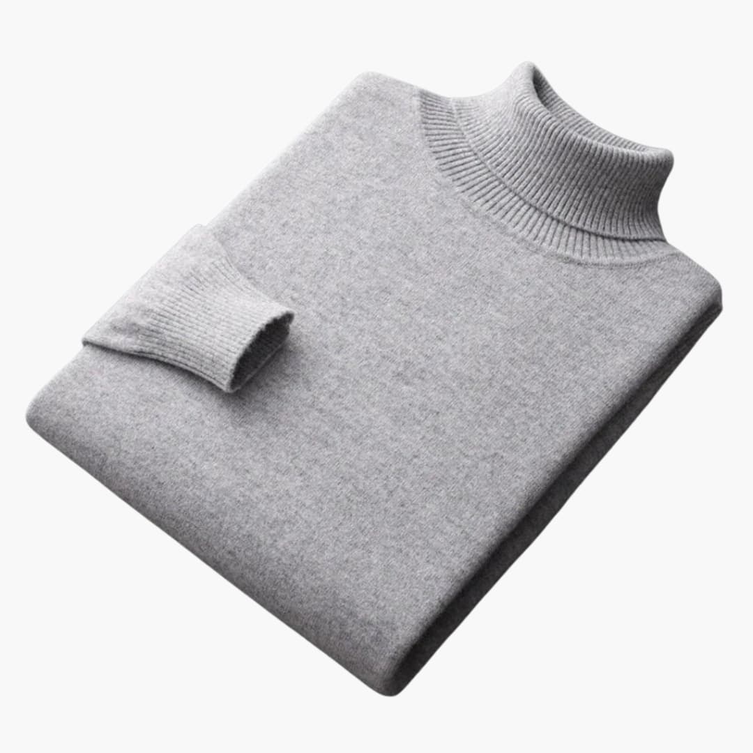 Men's fine knit turtleneck sweater with ribbed cuffs and hem, slim minimal silhouette for layering