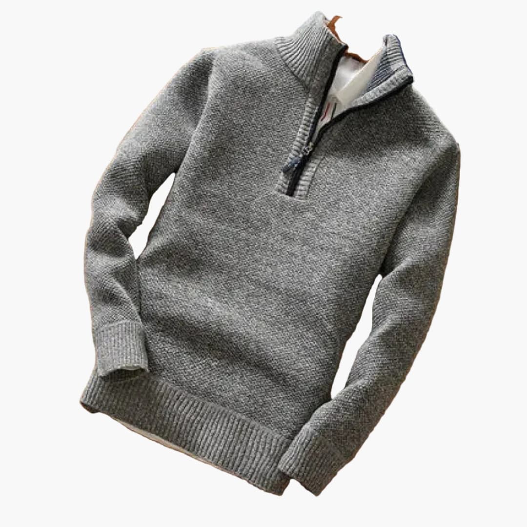 Men's half-zip knit sweater with stand-up collar, ribbed cuffs, textured fabric, modern slim fit