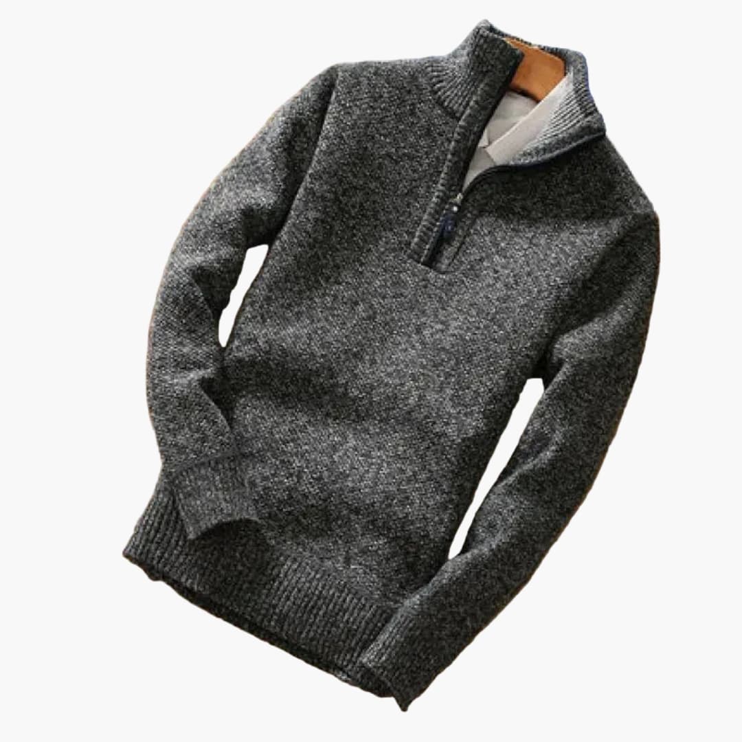 Men's half-zip knit sweater with stand-up collar, ribbed cuffs, textured fabric, modern slim fit