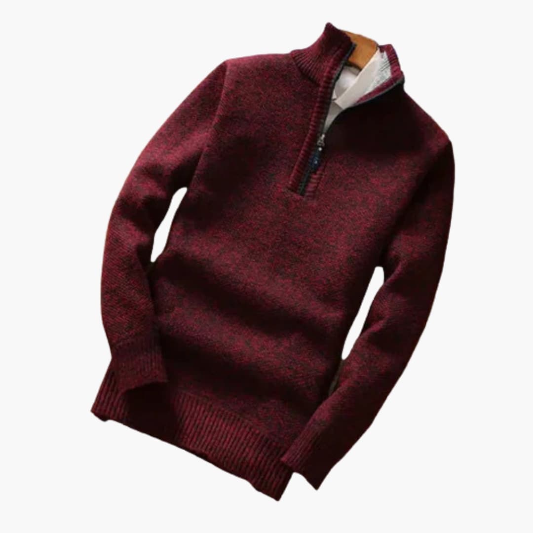 Men's half-zip knit sweater with stand-up collar, ribbed cuffs, textured fabric, modern slim fit