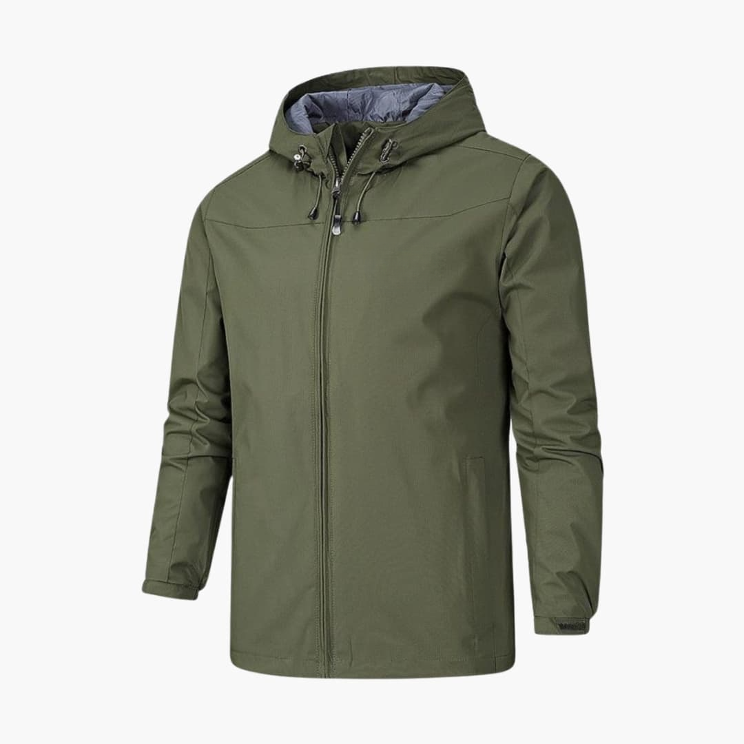 Men's lightweight water-resistant rain jacket full zip adjustable hood versatile everyday outerwear