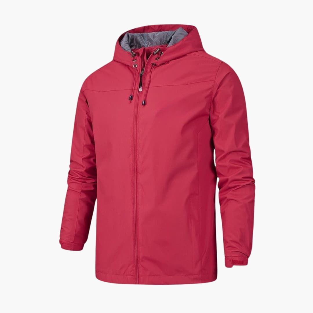Men's navy hooded rain jacket full-zip adjustable drawstring hood all-weather slim fit