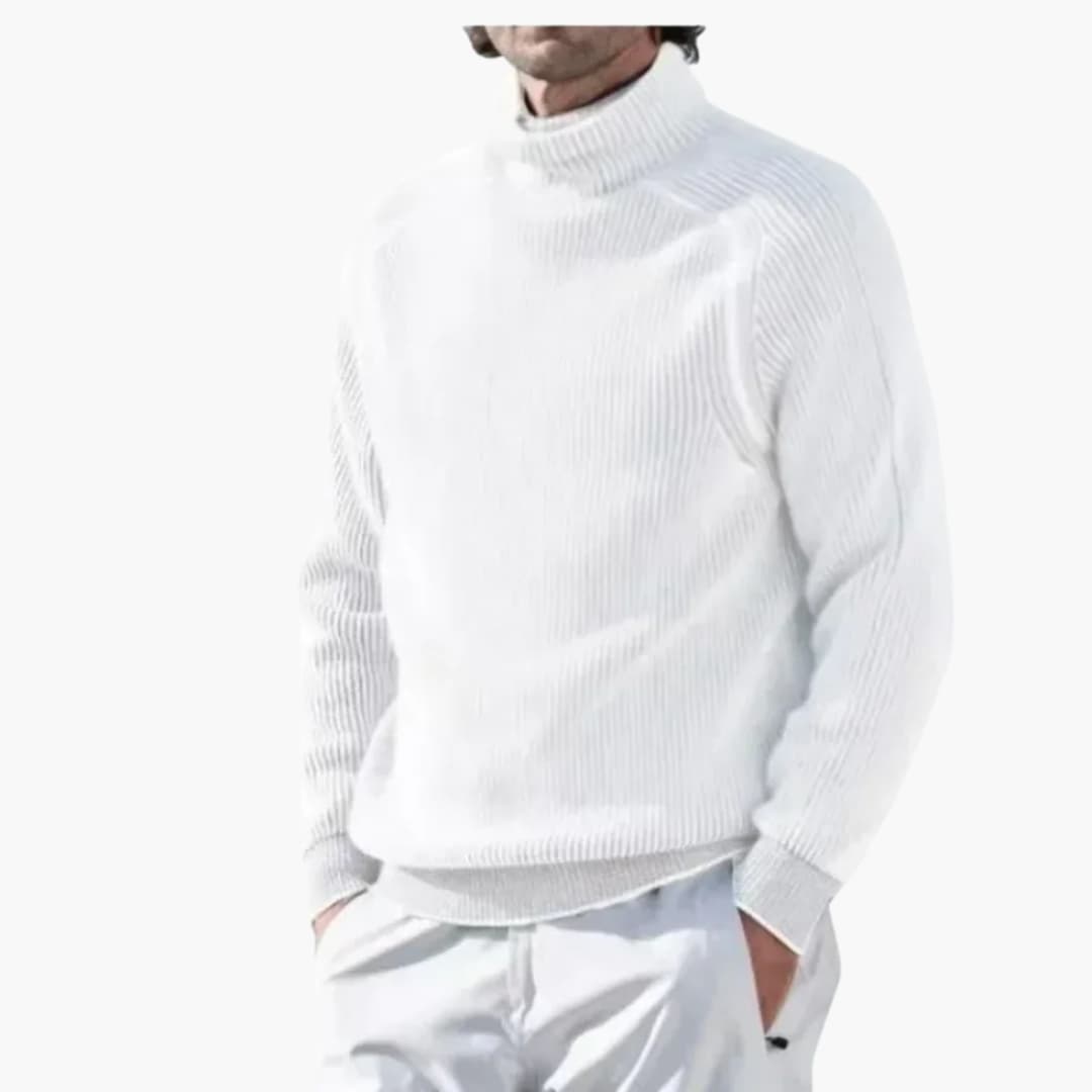 Men's black ribbed turtleneck sweater with high collar and long sleeves for classic layering