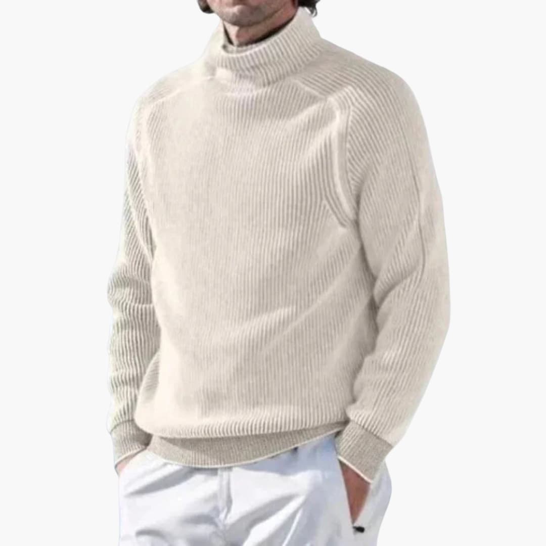 Men's ribbed turtleneck sweater with high collar and long sleeves, classic structured knit