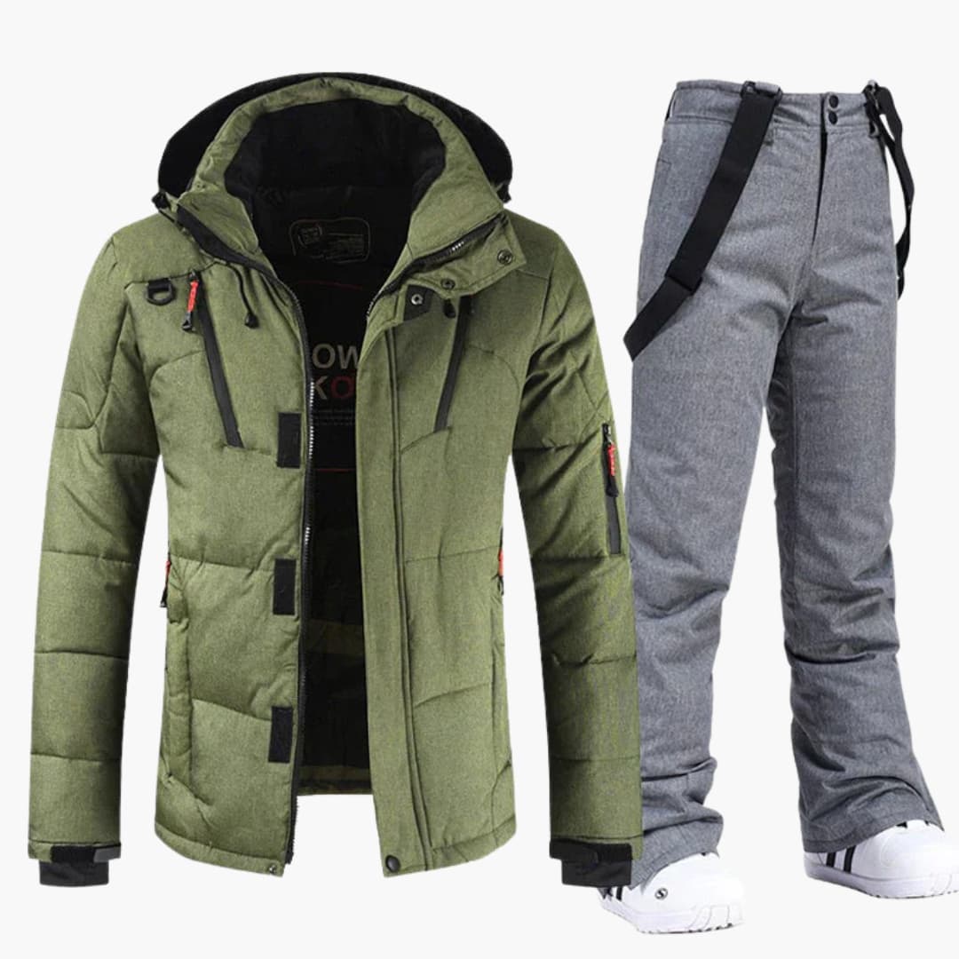 Men's ski set hooded jacket and pants coordinated two-piece woven finish cold-weather slopes