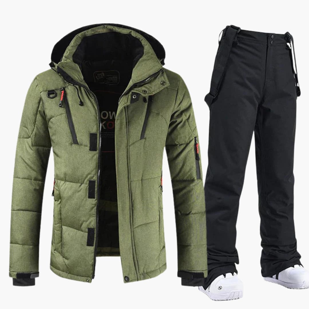 Men's ski set hooded jacket and pants coordinated two-piece woven finish for winter slopes