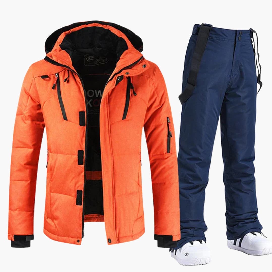 Men's hooded ski set jacket and pants coordinated two-piece woven finish for cold-weather slopes