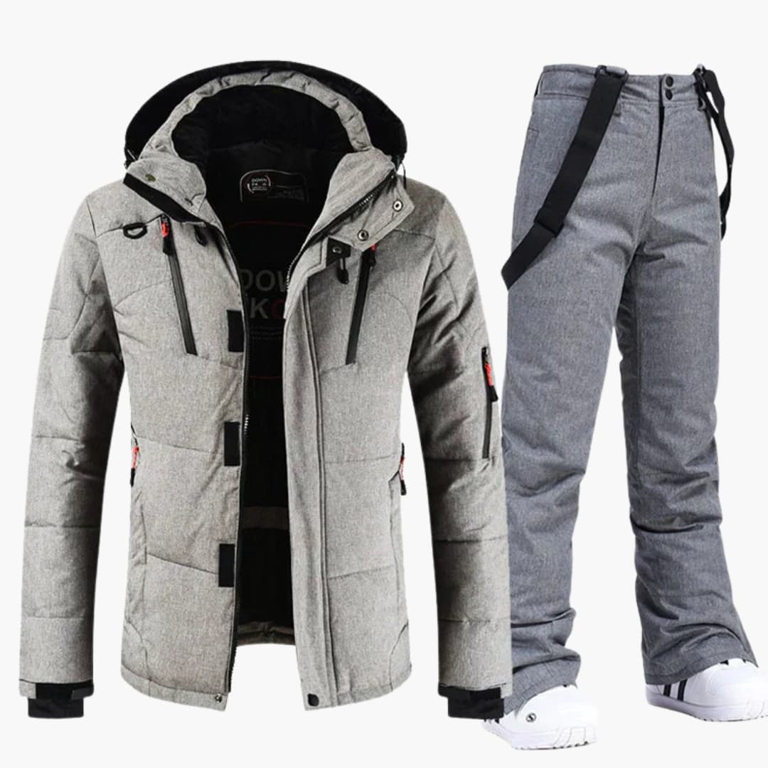 Men's ski set hooded jacket and pants coordinated two-piece woven finish cold-weather slope performance