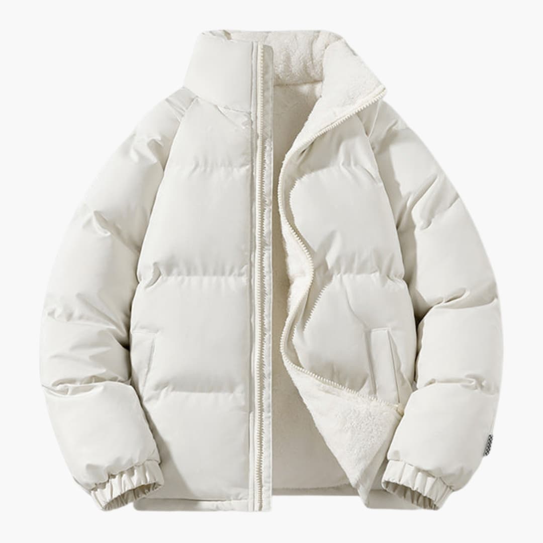 Men's black insulated padded jacket fleece-lined full-zip high collar structured winter outerwear