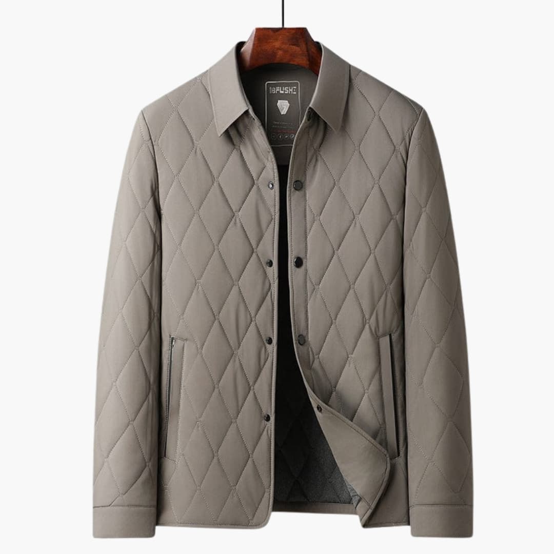 Men's black quilted jacket lapel collar diamond quilting button closure piped pockets classic fit