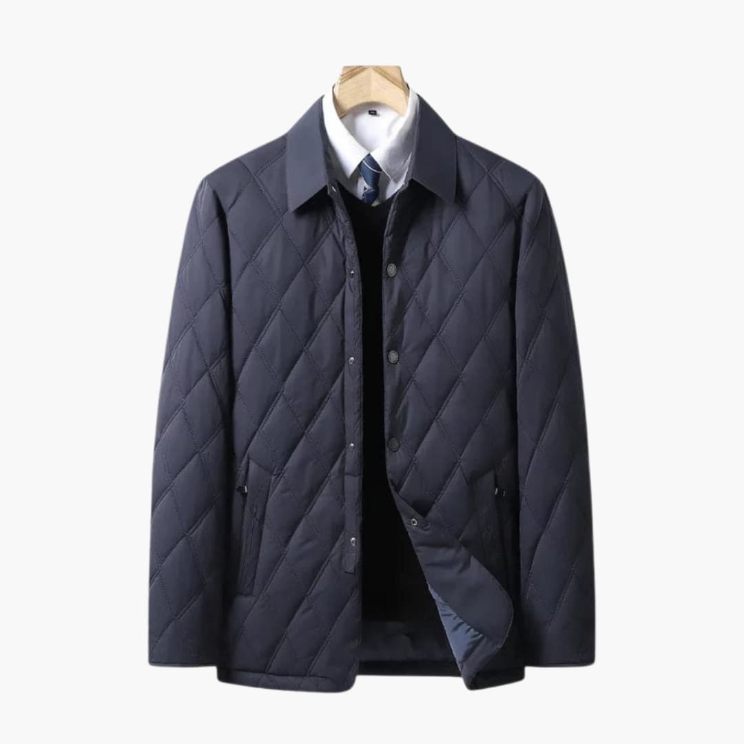 Men's quilted jacket with lapel collar, snap button closure, versatile warm layer for everyday wear